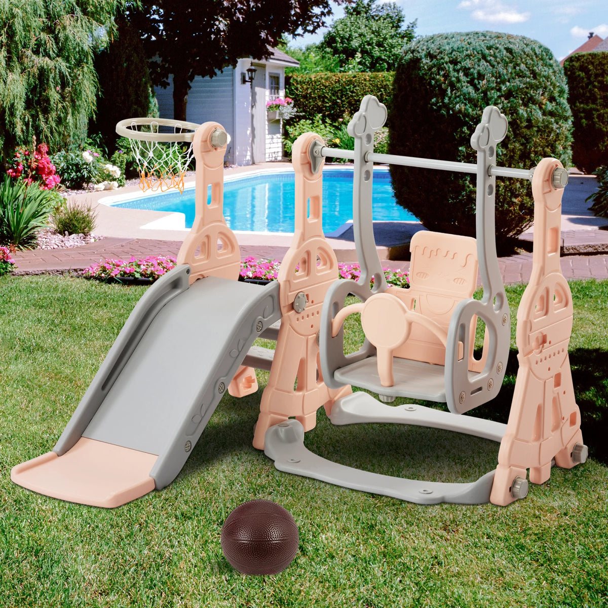 Children's playground Set, 4-in-1 Toddler Slide and Swing Combination, Independent Children's Climbing Slide, with Basketball Hoop, Suitable for Both Indoor and Outdoor Use, an Ideal Gift for Boys and Girls