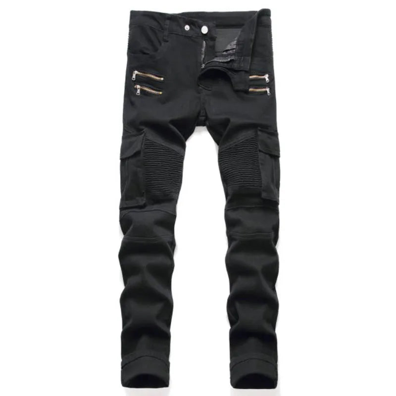 2022 New Fashion Mens Biker Jeans Punk Style Men Cargo Denim Pants Zipper Pocket Motorcycle Jeans Male Pantalones Hombre