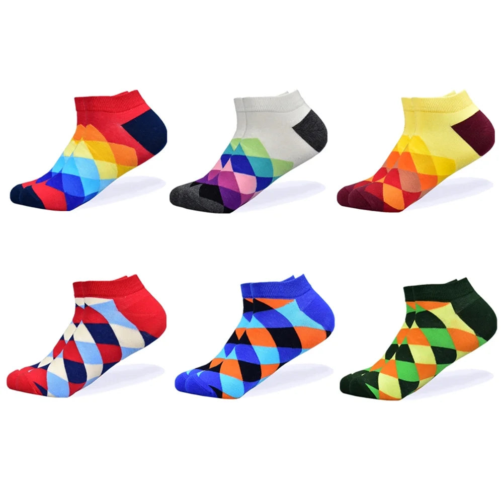 6 Pairs Men Novelty Fashion Colorful Casual Ankle Short Socks Harajuku Grid Space Cotton Happy Funny Men Women Socks