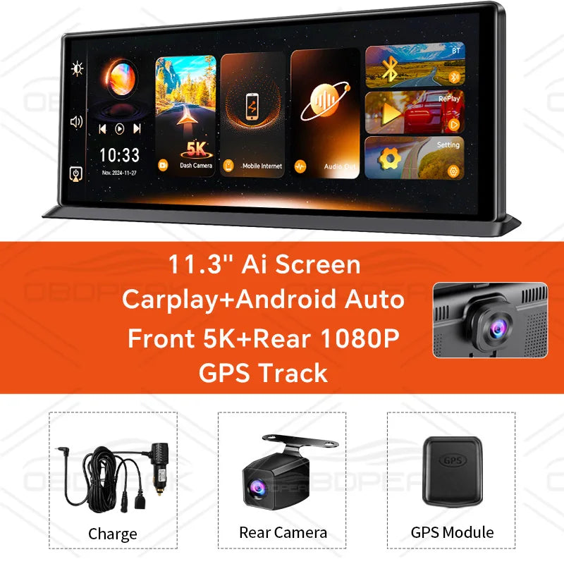 K8 Pro 11.3" Touch Screen Car Camera 5K Dash Cam GPS 5G WiFi Wireless CarPlay & Android Auto Loop Recording GPS Navigation DVR