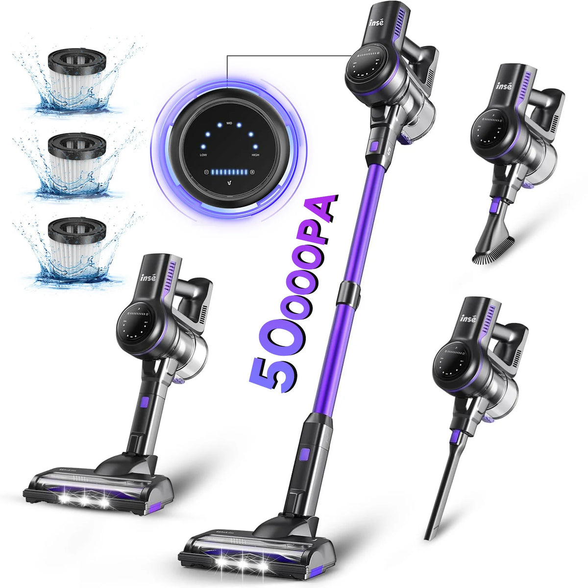 INSE S7P cordless vacuum cleaner, 465W 45KPA Wireless Vacuum Cleaner with Suction Power, 8*2200mAh battery, 50000Pa Strong Suction, 45-60mins runtime,1.2L