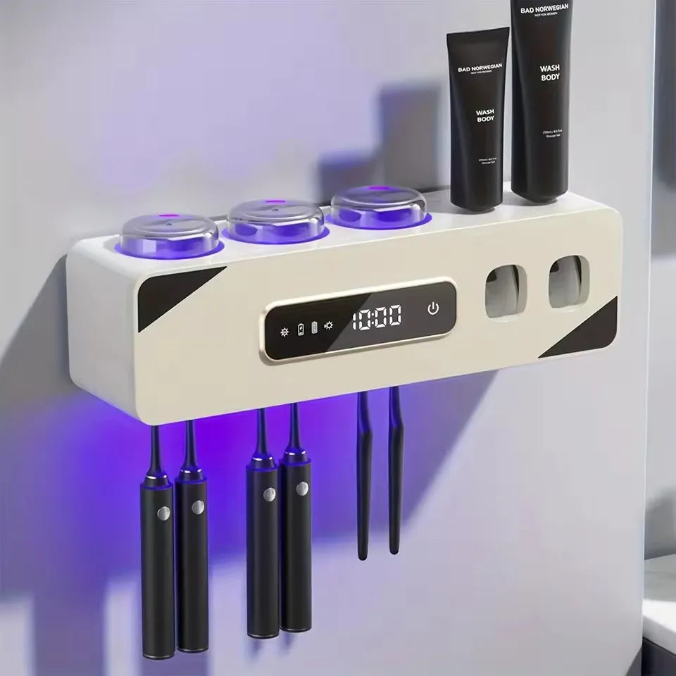 UV Sanitizing Toothbrush Holder, Smart Wall-Mounted Toothbrush Organizer with Automatic Toothpaste Dispenser, USB Charging, Lith