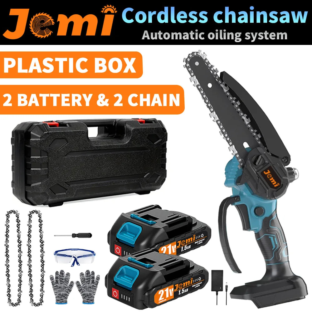Jemi Tool 6 inch Portable Cordless Rechargeable Electric Chain Saw with Two Batteries, Equipped with Automatic Lubricator and Safety Lock,Wood Cutter, Garden orchard Pruning Tool