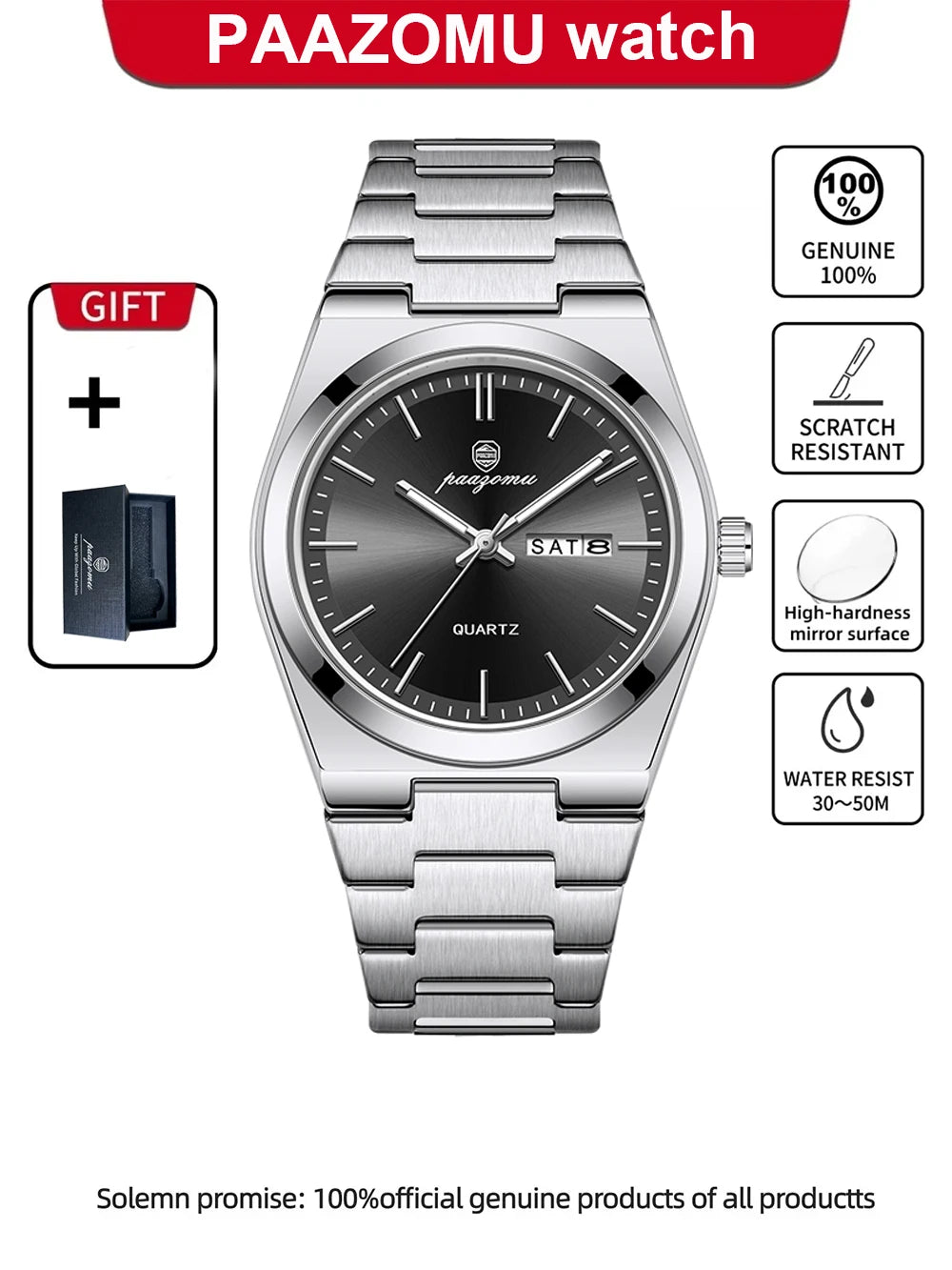 PAAZOMU Fashion Men's Quartz Watch Stainless Steel Waterproof Luminous Man Watch Chronograph Date Multifunction Watches For Men