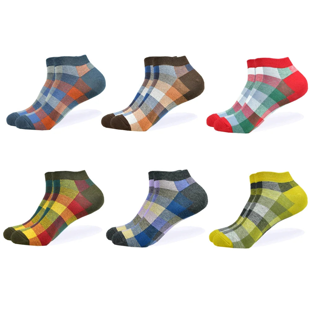 6 Pairs Men Novelty Fashion Colorful Casual Ankle Short Socks Harajuku Grid Space Cotton Happy Funny Men Women Socks