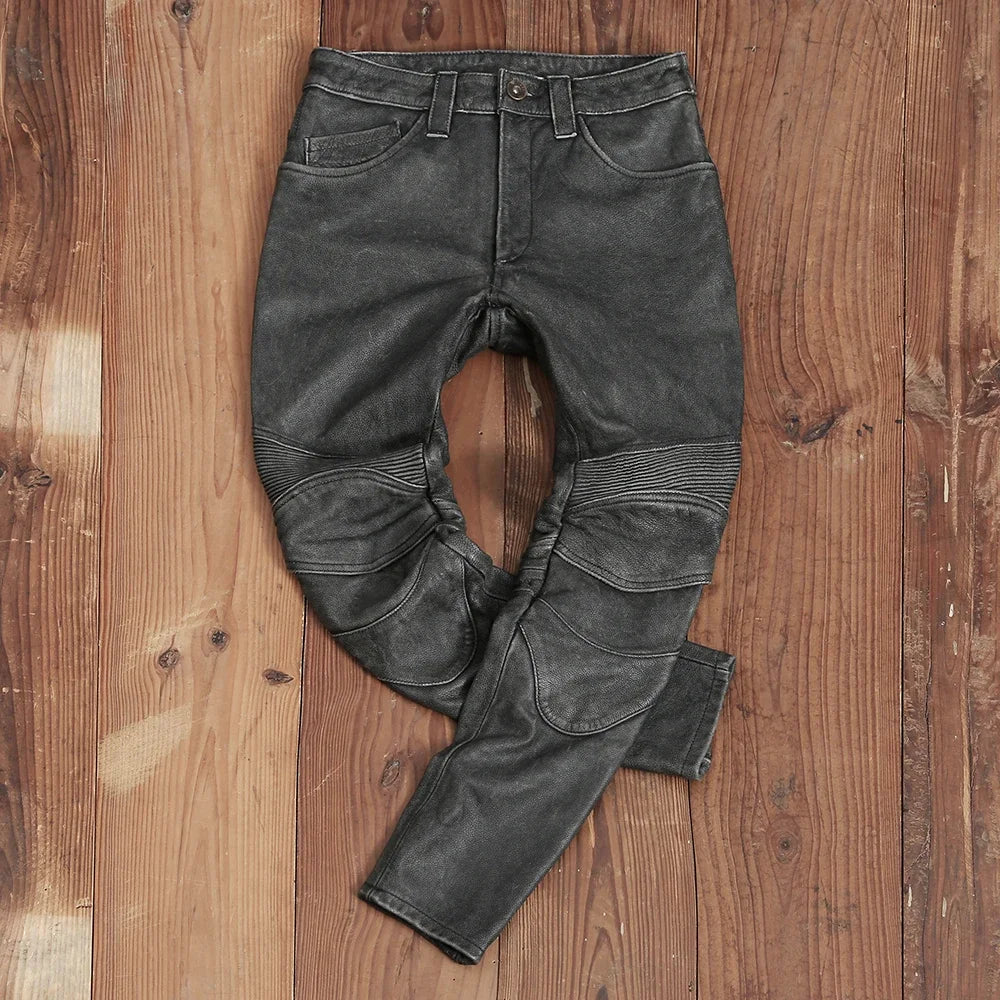 Men's Vintage Gray Black Motorcycle Style Trousers Genuine Thick Cowhide Biker's Pants Real Natural Leather Skinny Pants 4XL