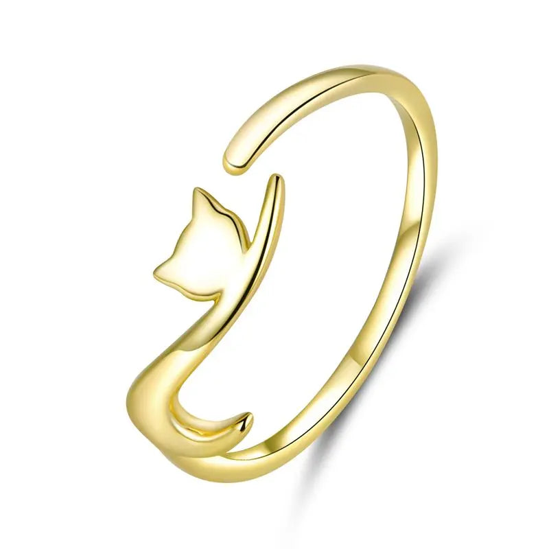 BAMOER 100% 925 Sterling Silver Sticky Cat with Long Tail Finger Ring Women Ring Adjustable Engagement Ring Jewelry SCR220