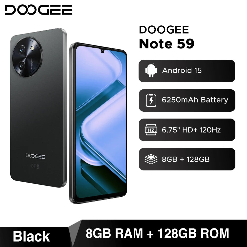 DOOGEE Note 59 5G SmartphoneAndroid 15 NFC Cellphone 6.75" Screen 32GB (8+24) 128GB Unisoc T820 6250mAh Battery Mobile Phone