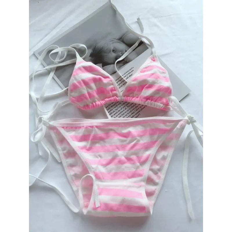 Lace-up Strap Blue and White Striped Set, Blue and White Fat Inner Two-piece Set Womens Lingerie Set Bra Set Sexy