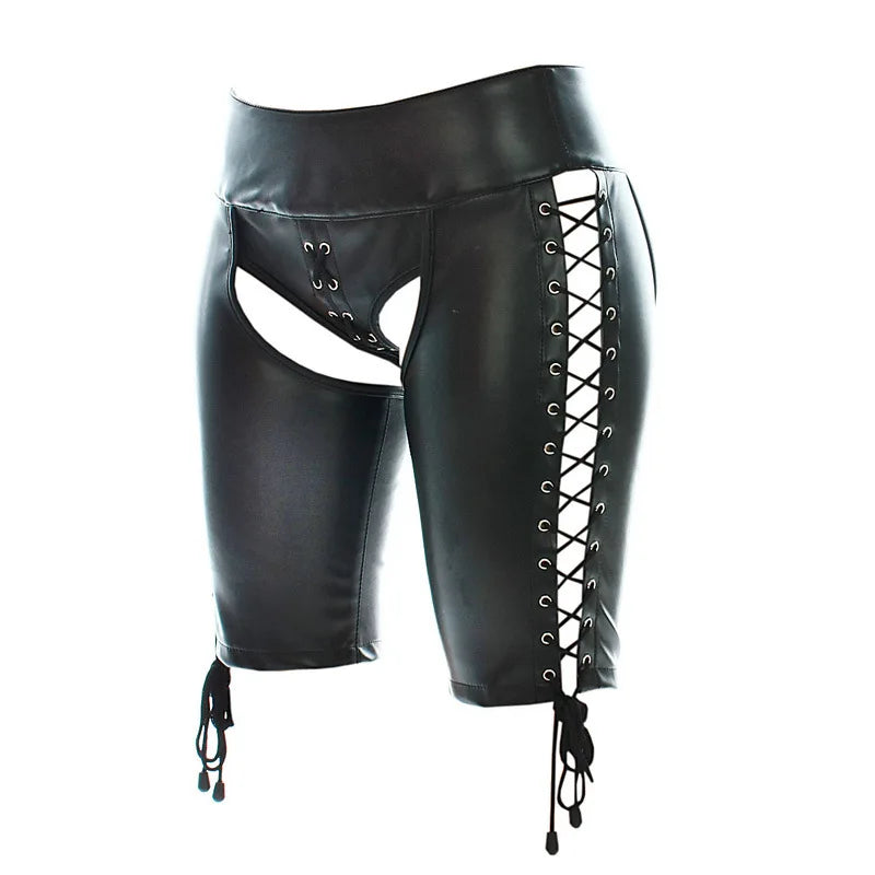 Men PU Leather Open Crotch Shorts Lace Up Adjustable Fetish Pants Buttless Underwear BDSM Lingerie Costume Adult Wear for Men