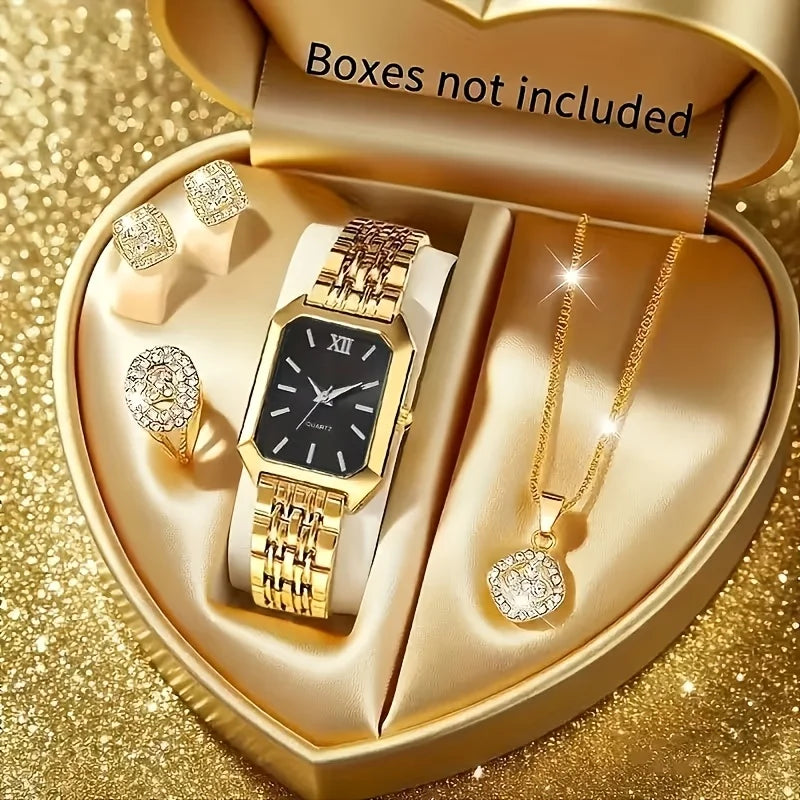 5PCS Womens Elegant Rectangle Rhinestone Quartz Watch Jewelry Set Fashion Women Watches Reloj Mujer Girl Clock Gift(Without Box)