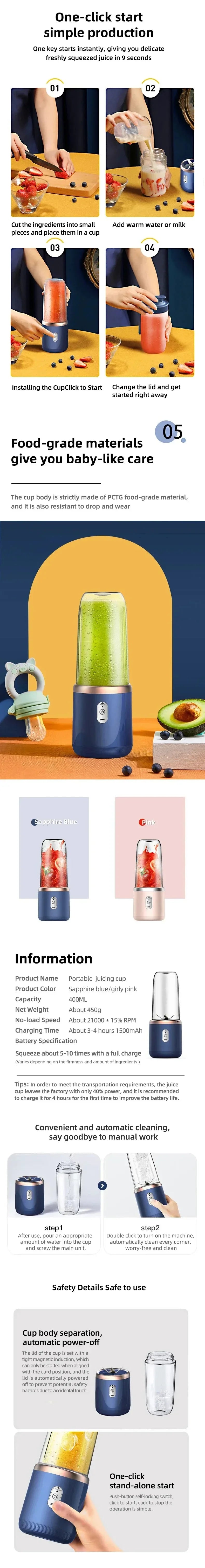 NEW HOT 400ml Portable USB Blender Electric Travel Juicer Cup For Smoothie Milkshake Kitchen Mini Mixer Tool