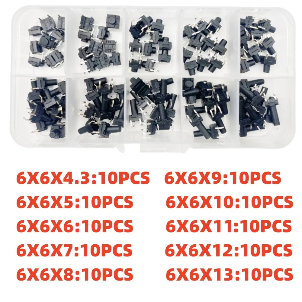 10 Models =100Pcs 6*6 Light Micro Touch Switch Set Push Button Switch Kit Height: 6*6*4.3MM~13MM DIP SMD 2P/4P 6x6 Keys Tact