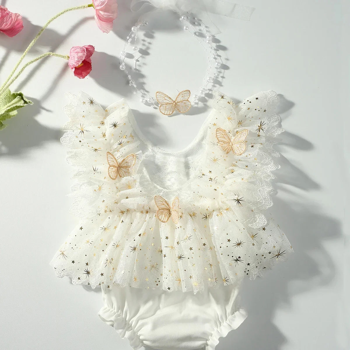 Baby Girl Outfit Newborn Photography Princess Tutu Butterfly Glitter Star Lace Romper with Pearl Headband Infant Photo Props