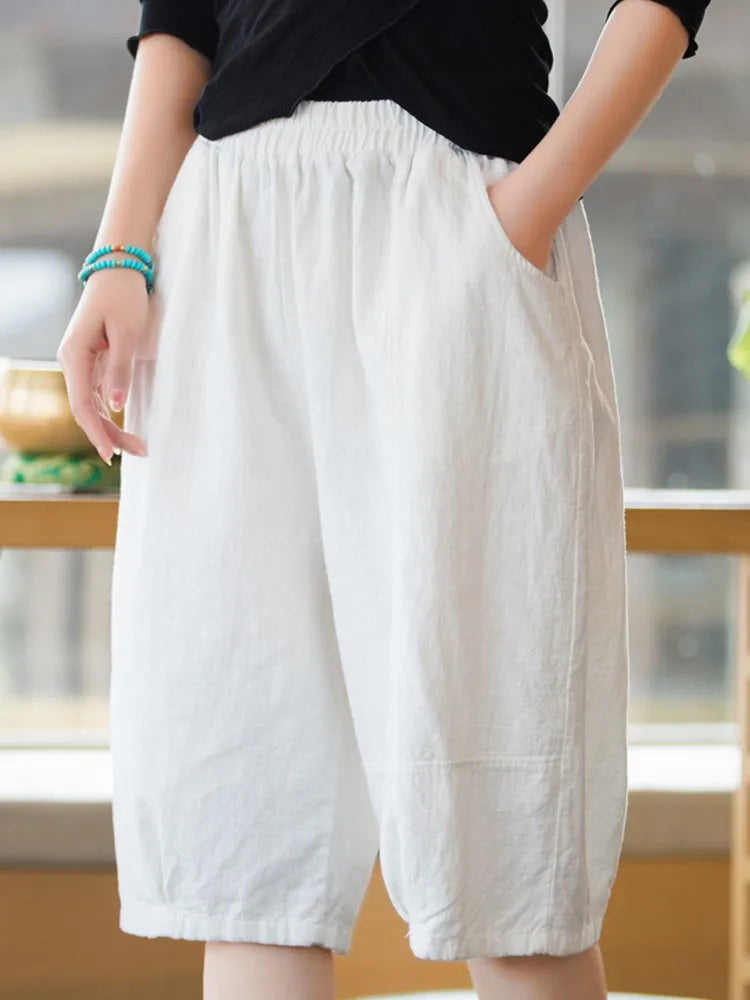 Johnature Women Solid Color Linen Casual Shorts 2025 Summer New Elastic Waist Striped Shorts