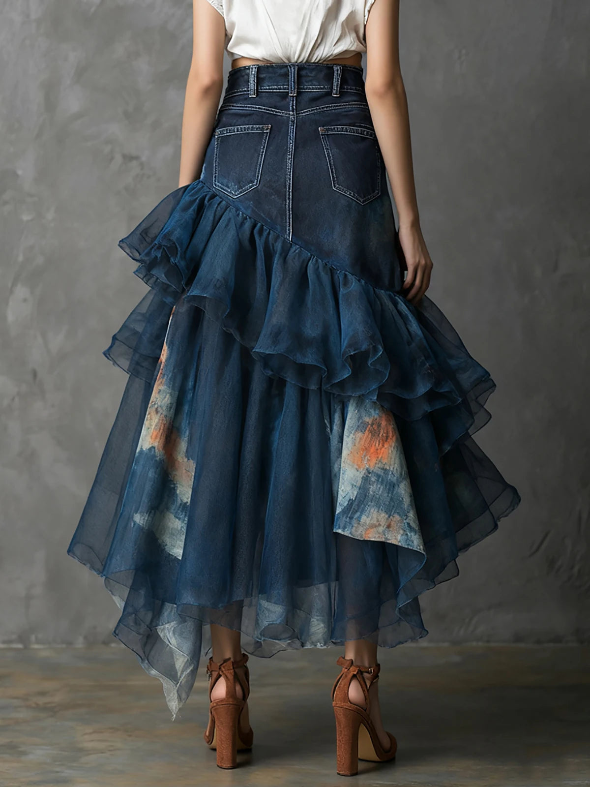 Women's Denim Patchwork Ruffle Maxi Skirt High Waisted Asymmetrical Sheer Tulle Layered Skirt For Female Fashion Outfits Skirts