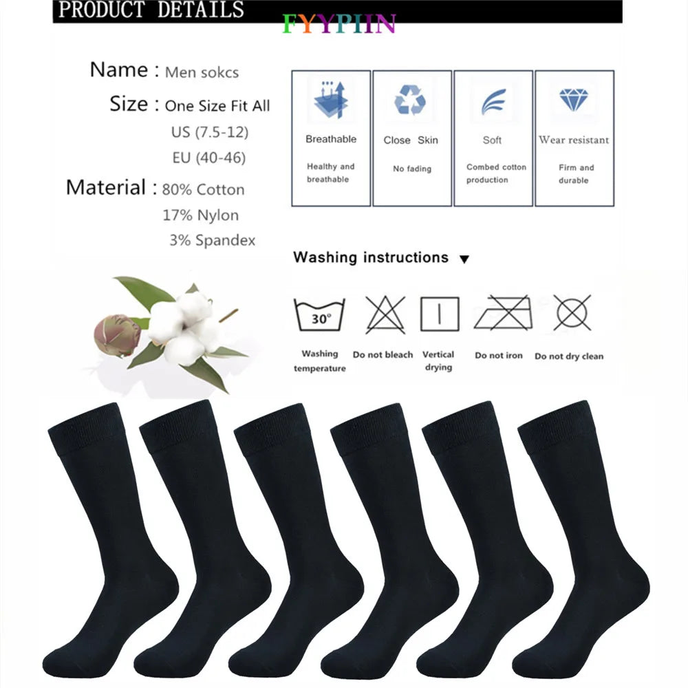 6 pairs Men's socks Black Cotton Dress Socks High quality Long Autumn and winter Sweat Resistant Anti-odor Calf Socks