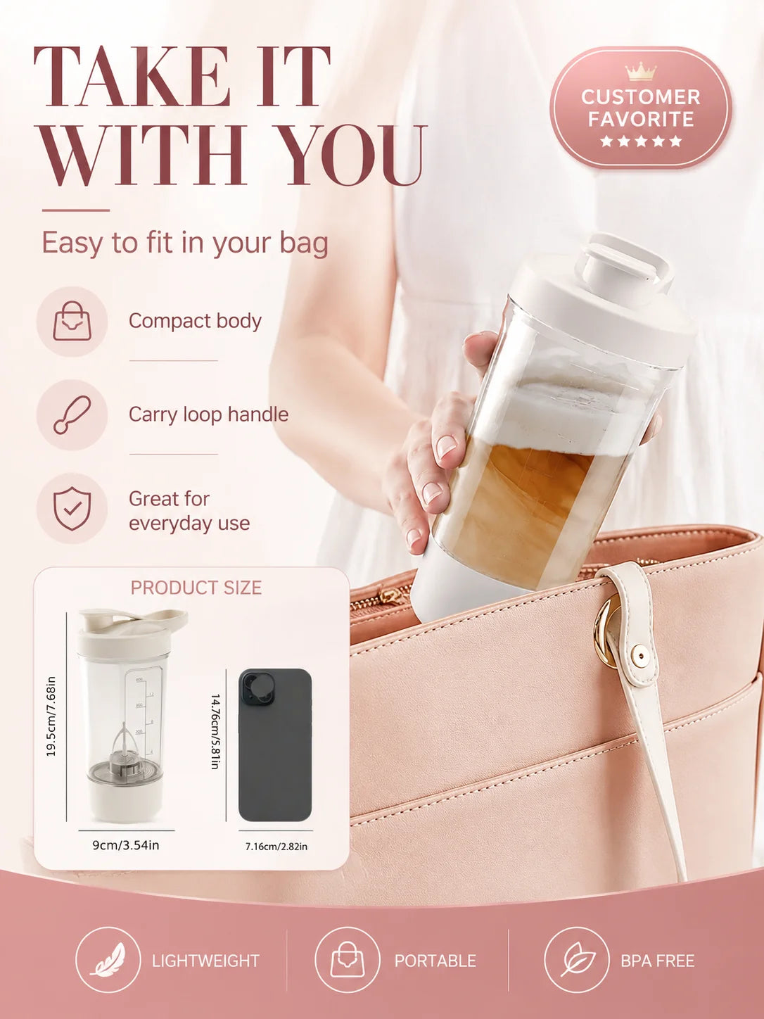 Portable Auto Stirring Cup, Transparent Measuring Electric Blender USB Charging for Milk Powder Smoothies