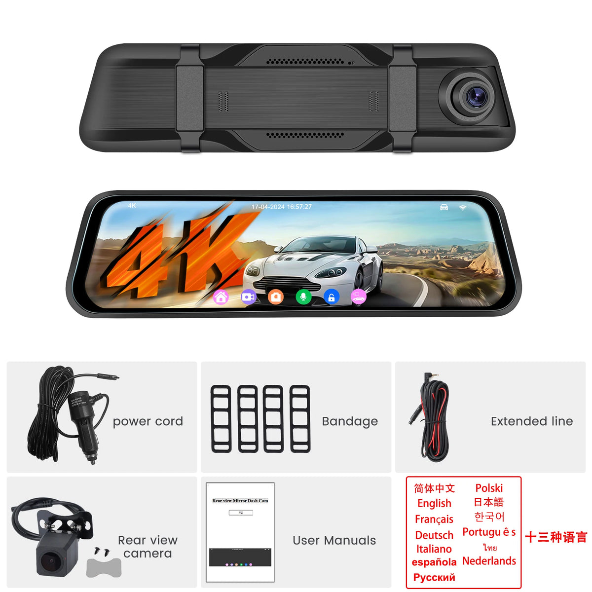 Podofo 4K Dashcam 9.66'' Mirror Dash Car Camera Rear Camera Video Recorder Night Vision Loop Recording G Sensor 24H Parking Monitoring