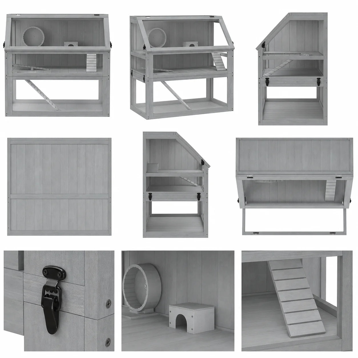 Wooden Hamster Cage 3 Story with Deep Base Removable Levels for Small Animals 80x50x76cm Light Gray