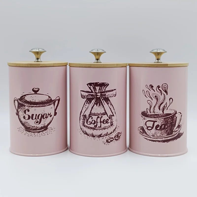 3Pcs Canister Set for Kitchen Counter, Coffee Sugar Tea Canister, Metal Vintage Kitchen Containers, Food Storage Containers