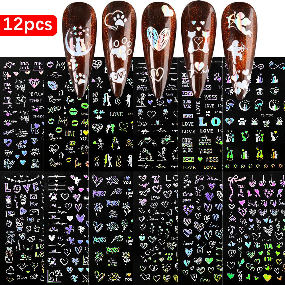 12pcs/set Cute Cartoon Dog/Cat Nail Art Stickers 3D Graffiti Black Cat Dog Nail Decals 8*10cm Self-Adhesive Cartoon Nail Art Su