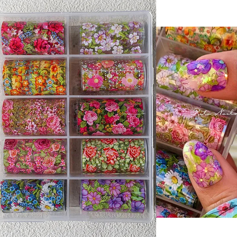 10 Patterns New Metal Nail Foils for Transfer Paper Stickers Floral Chameleon Nails Wraps DIY Water Marble Nail Art Decorations
