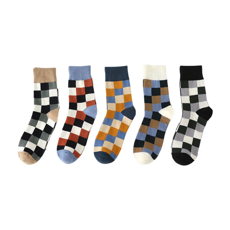 5 Pairs/Lot Combed Cotton Men's Socks Compression Fashion Colorful Square Happy Dress Men Casual Business Grid Gentleman British