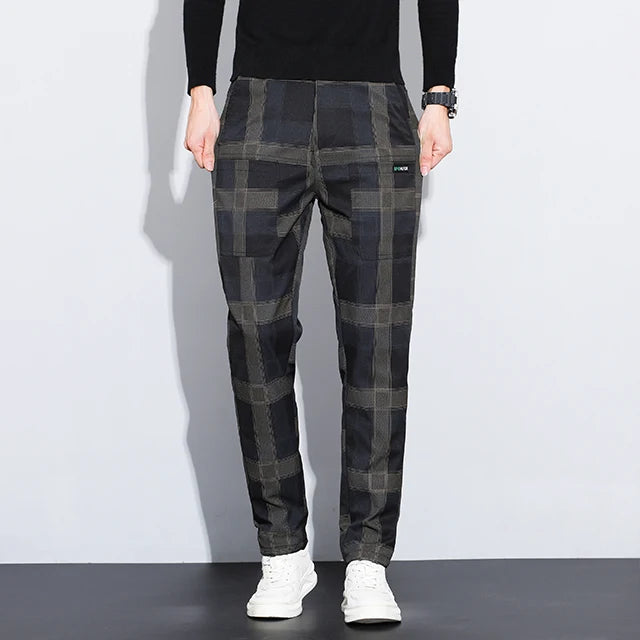 Autumn Winter Luxury Plaid Check Pattern Casual Pants Men Thick Business Elastic Waist Slim Fit Korean Pocket Long Trousers Male