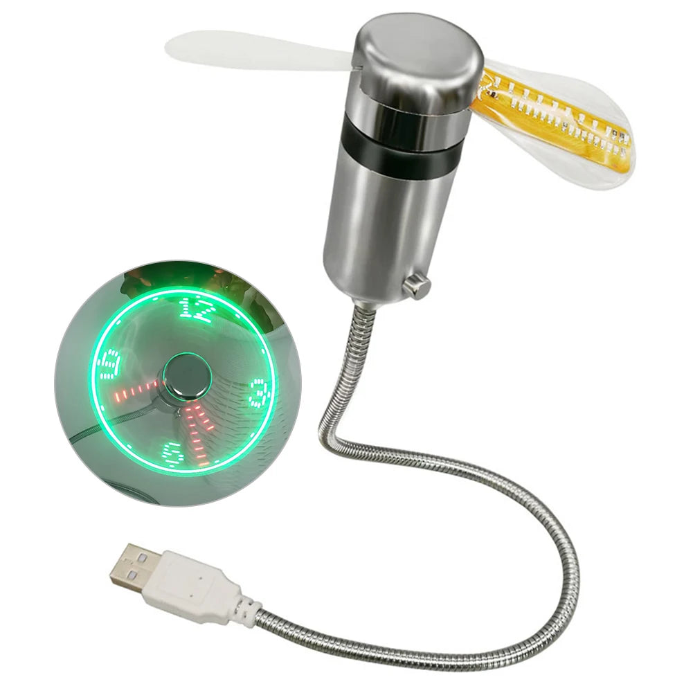 Portable Clock Fan RGB LED Night light 5V USB Hand Fan Real Time Temperature Display Metal Mini Fan for PC Laptop Desktop Cooler