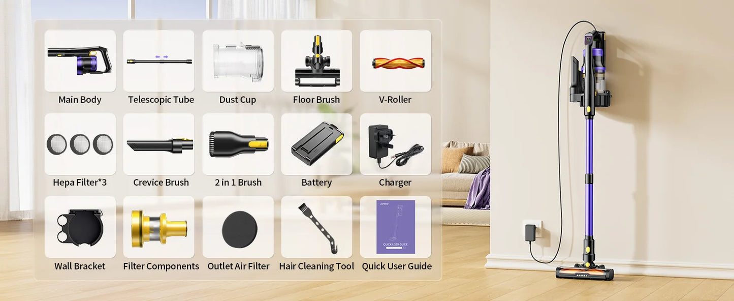 Laresar X11 Cordless Vacuum Cleaner 550W 55KPA Suction Power Handheld Smart Home Dust Cup 60 Mins Runtime 3 Pcs Hepa Filte Set