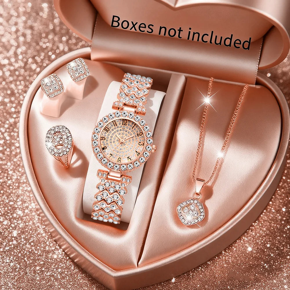 5PCS Luxury Rhinestone Women's Quartz Watch Rhinestone Jewelry Set Elegant Ladies Bracelet Strap Wristwatches(Without Box)