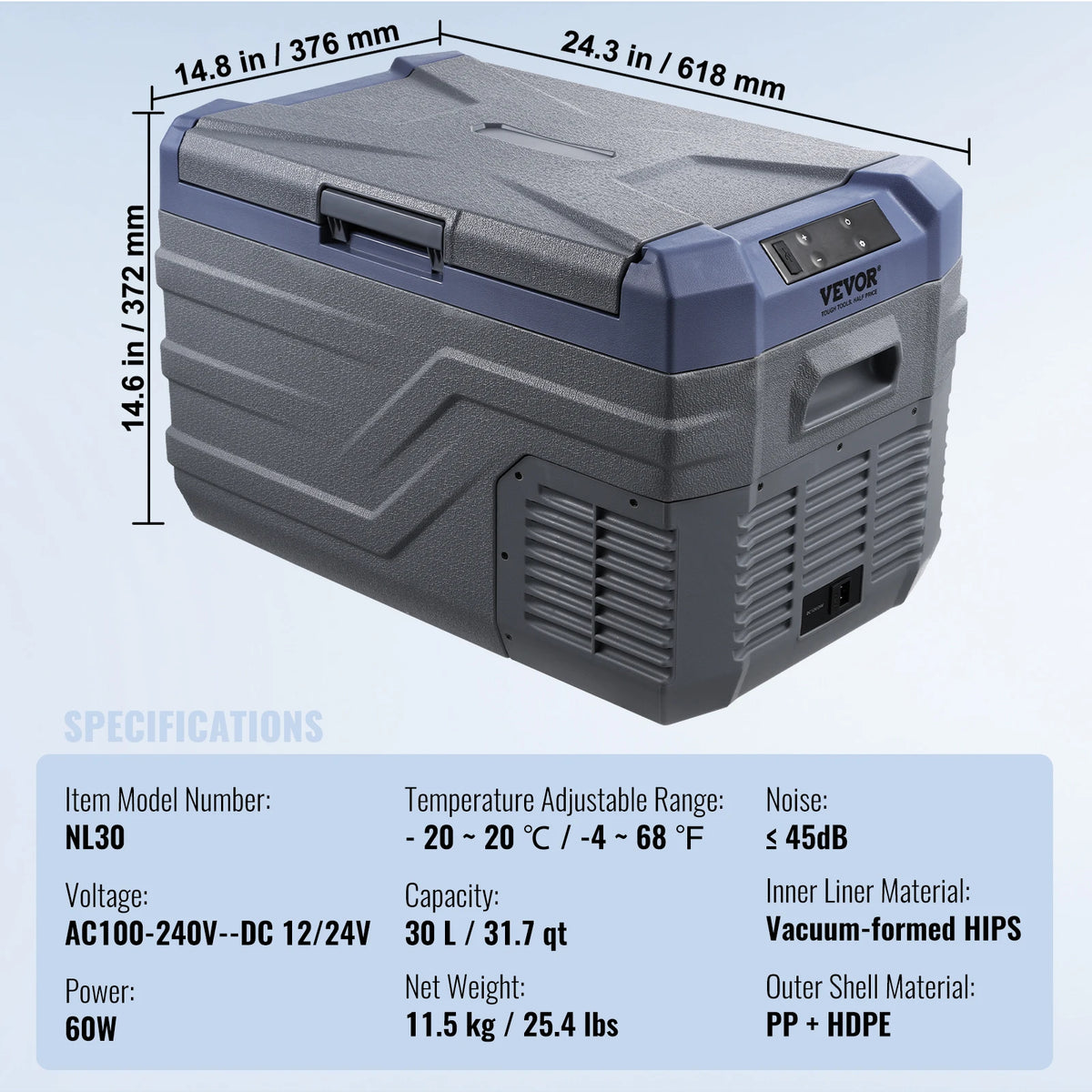 SucceBuy 30/37/45L Car Refrigerator Single Zone Portable Freezer&Built-in Light Compressor Cooler for Outdoor Camping