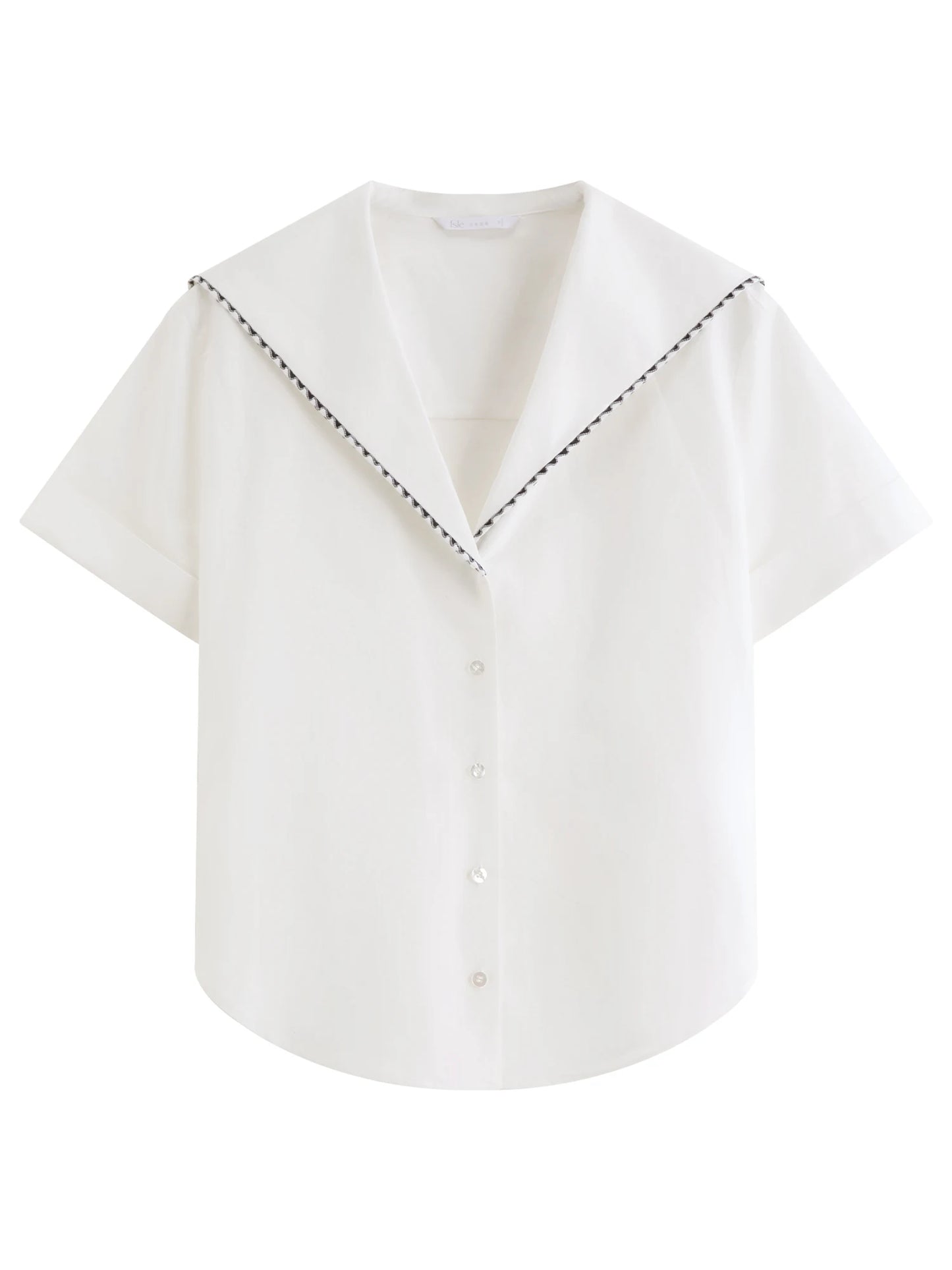 FSLE 2026 Summer Women's Sailor Collar Shell Embroidered Short Sleeve Shirt Preppy Button Down Blouse for Rebellious Prep Style