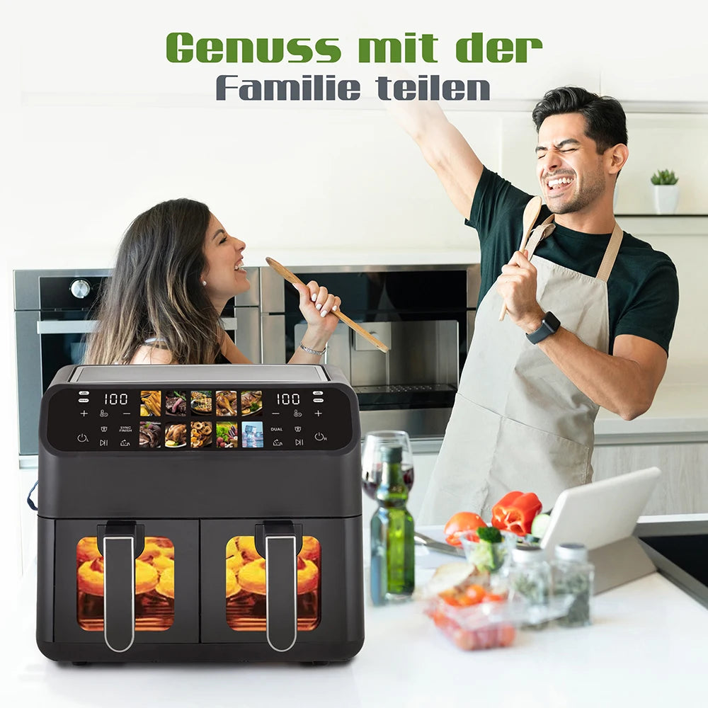 Hot Air Fryer 9L Dual Basket Electric Oilless Cooker Oven with Touch Control,10-In-1 Multifunction,Visible Window,Family Size