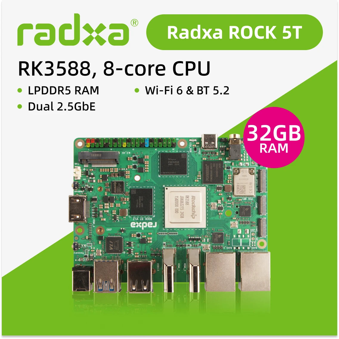 Radxa ROCK 5T RK3588 8-core CPU, 8K HDMI, LPDDR5 RAM, and WiFi 6