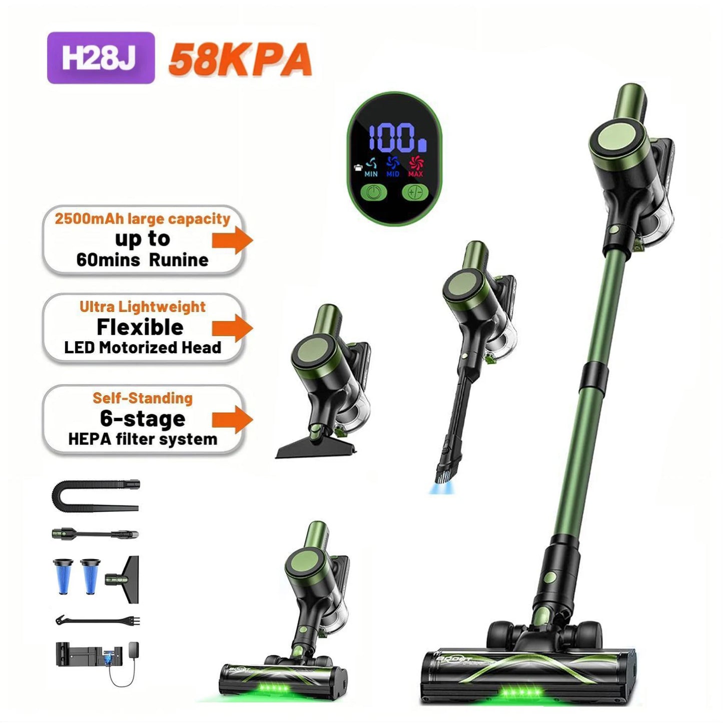 Cordless Vacuum Cleaner,Self-Standing,10-in-1/58Kpa/55Mins Stick Vacuum with LED Lighting Brush Vacuum for Pet/Hair/Carpet