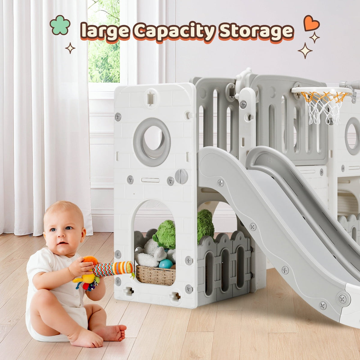 Toddler Slide, 9 in 1 Kids Slide and Climber Playset Indoor Outdoor Playground for Children, w/Basketball Hoop & Ball Telescope