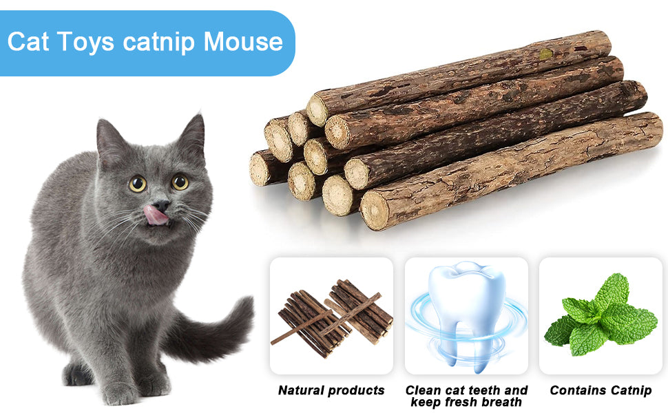 33pk Catnip & Silvervine Sticks - Natural Chew Toys w/ 3 Mouse Toys