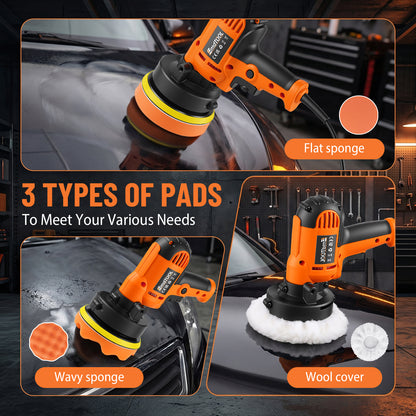 Buffer Polisher 1600W Electric Polishing Machines Portable Rotary Car Polisher with 0-3000 RPM Side Handles 3 Buffing Pads 125mm/5in Discs Perfect for Car Polish Floor Waxing Metal Descaling