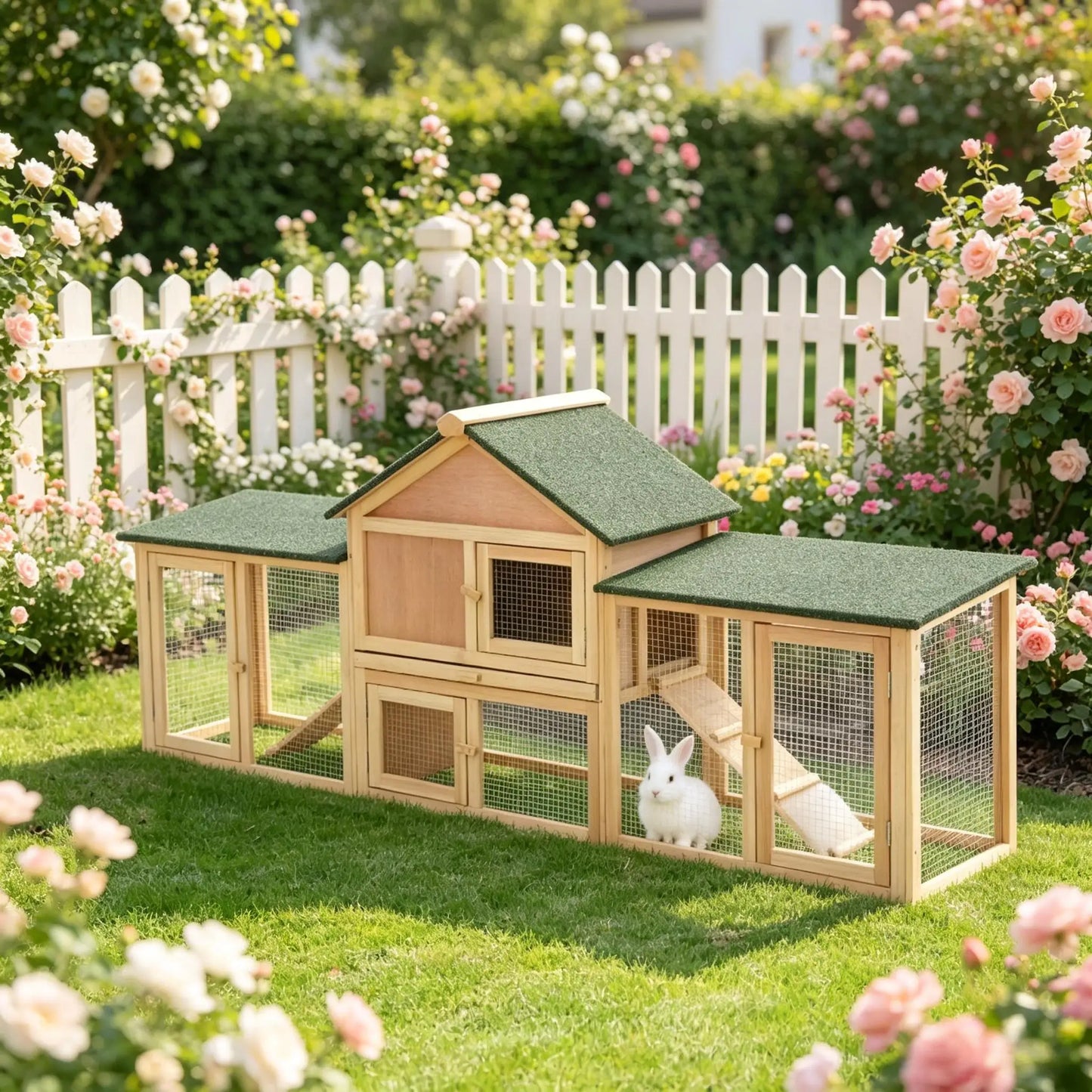 Large Outdoor Wooden Rabbit Hutch with Double Side Run Enclosures, Waterproof Asphalt Roof, Lockable Access Doors, Spacious Resting House and Activity Play Space, Weatherproof Pet Cage for Rabbits, Guinea Pigs and Small Outdo