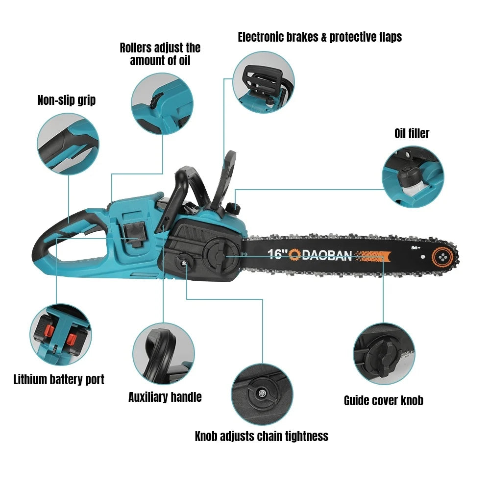 Brushless 16Inch Electric Chainsaw Cordless Pruning Woodworking Power Tool Handheld Garden Cutter For Makita Battery