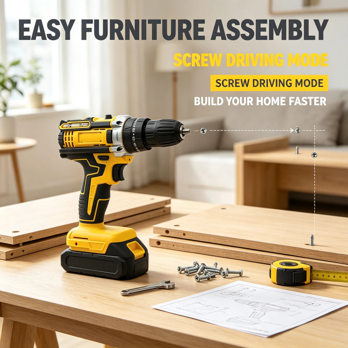 Yellow 3‑in‑1 Cordless Impact Drill Multifunctional Electric Hammer Drill Screwdriver Rechargeable Power Drill For Wood Metal Concrete Drilling