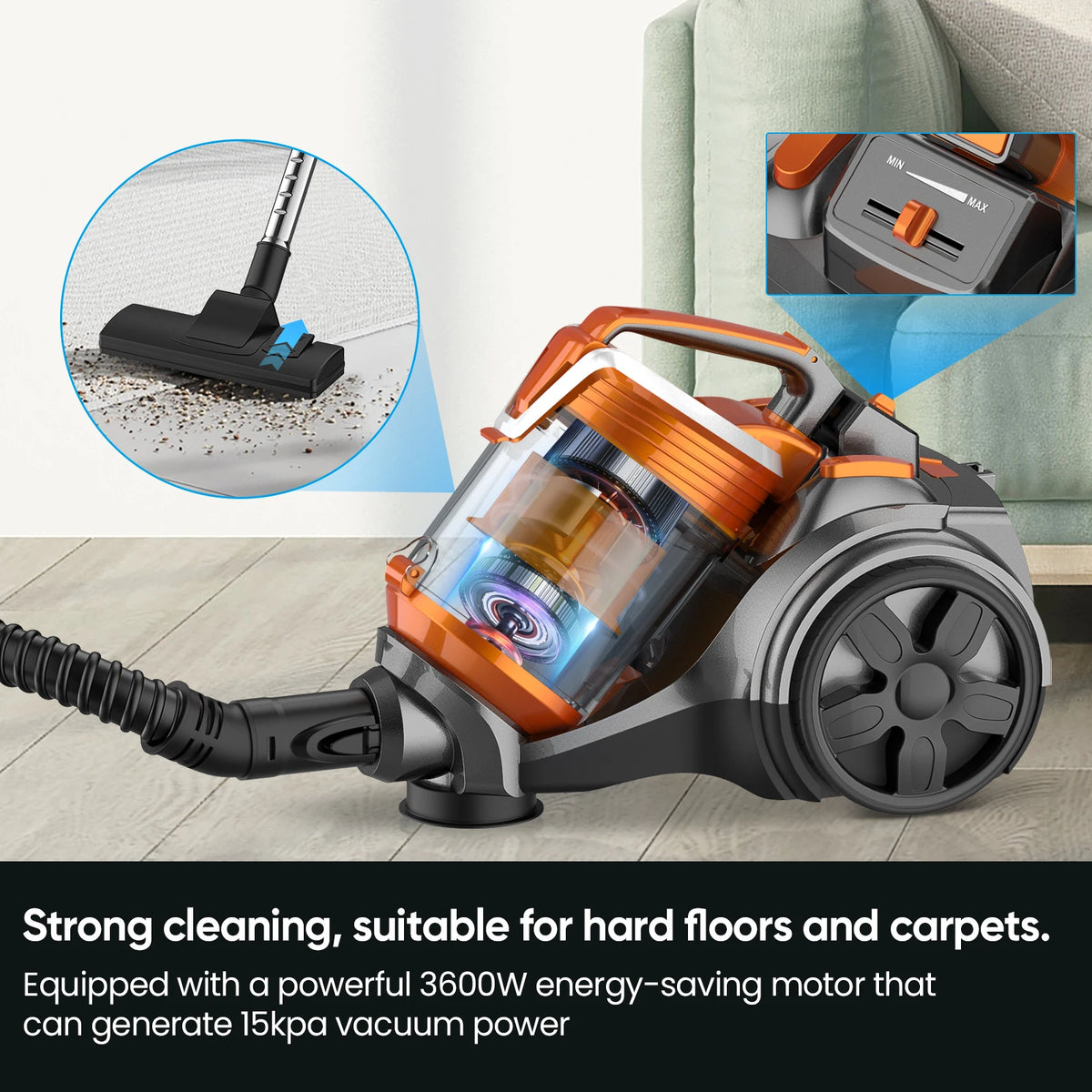 3600W Vacuum Cleaner Household Wired Vacuum Multi-Cyclonic Filtration Cordered Vacuum Hard Floors Carpets Pet Hair 15000PA