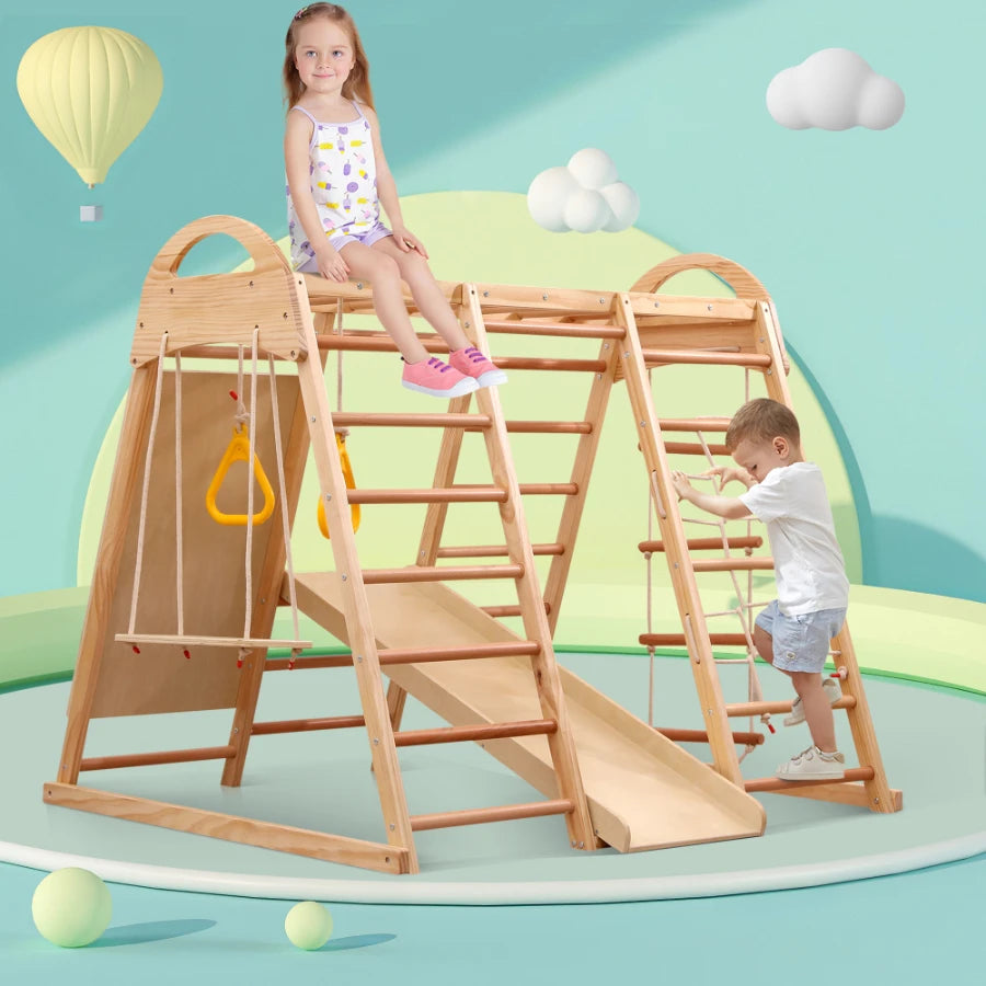 7 multifunctional 1 climbing Structure, made of solid drink, plywood and beech. Includes a swing, ladder, slide, climbing net, sockets and rings. Can also serve as shelter under tent.