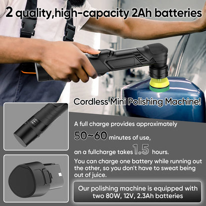 1/1.5/2 Inch Mini Cordless Car Polisher Kit 11 Variable Speed 2500-6000Rpm Da Rotary Polisher with 2X2.0Ah Batteries&Polishing Pads