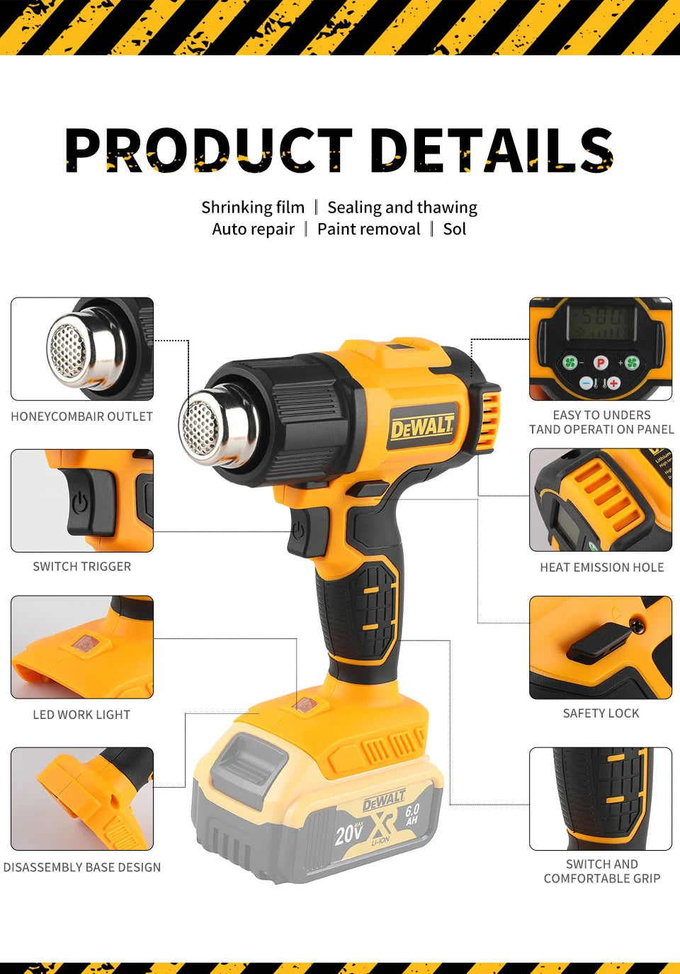 DEWALT 20V Temperatures Adjustable Hot Air Gun Cordless Heat Gun 550°C High Power Welding Thermal Blower Power Tools DCE530