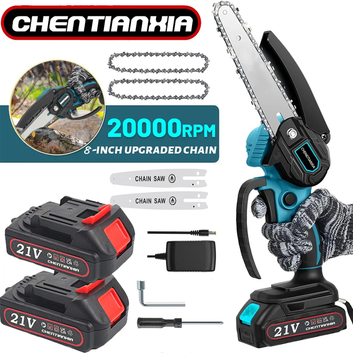 21V Cordless Mini Chainsaw, Upgraded 8-Inch Portable Electric Chainsaw with 2 Rechargeable Batteries, 2 Chainsaw Chains, 20,000 Rpm, Portable Wood Cutter for Garden Tree Pruning.
