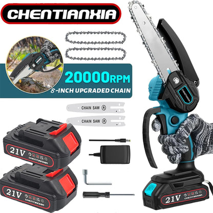 21V Cordless Mini Chainsaw, Upgraded 8-Inch Portable Electric Chainsaw with 2 Rechargeable Batteries, 2 Chainsaw Chains, 20,000 Rpm, Portable Wood Cutter for Garden Tree Pruning.