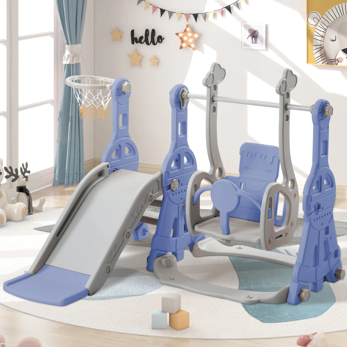 Children's playground Set, 4-in-1 Toddler Slide and Swing Combination, Independent Children's Climbing Slide, with Basketball Hoop, Suitable for Both Indoor and Outdoor Use, an Ideal Gift for Boys and Girls
